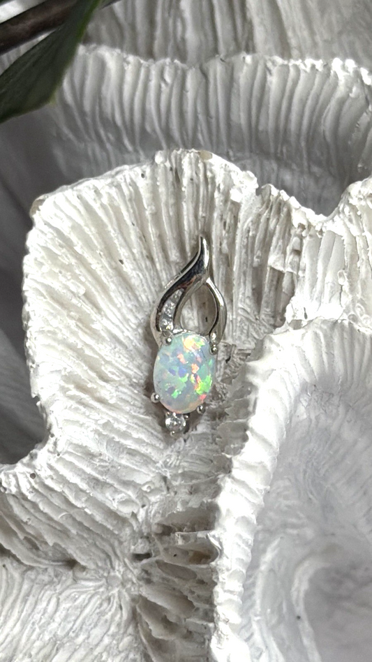 Tiny Beautiful 925 Sterling Silver Opal & Clear Topaz Stones Pendant