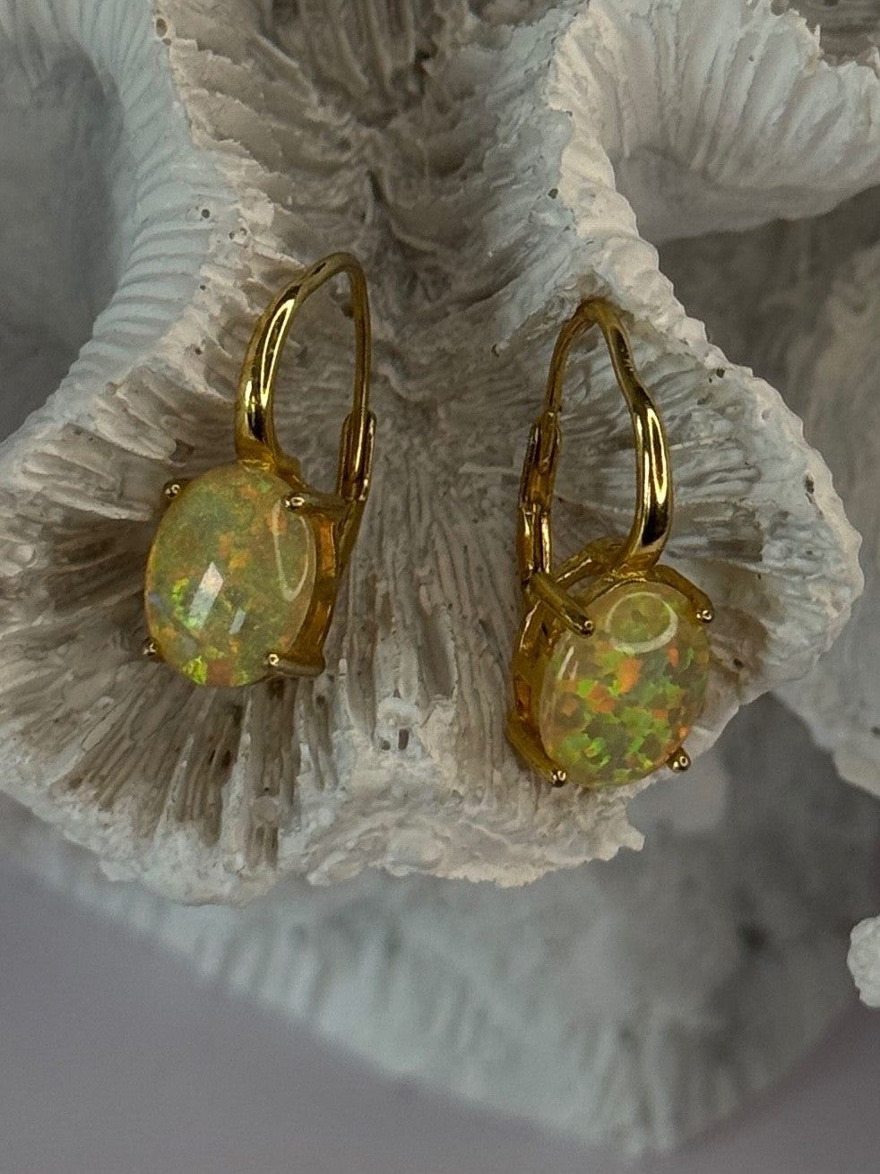 925 Sterling Silver Gold Plated Opal Earrings Length 0.70 Inch