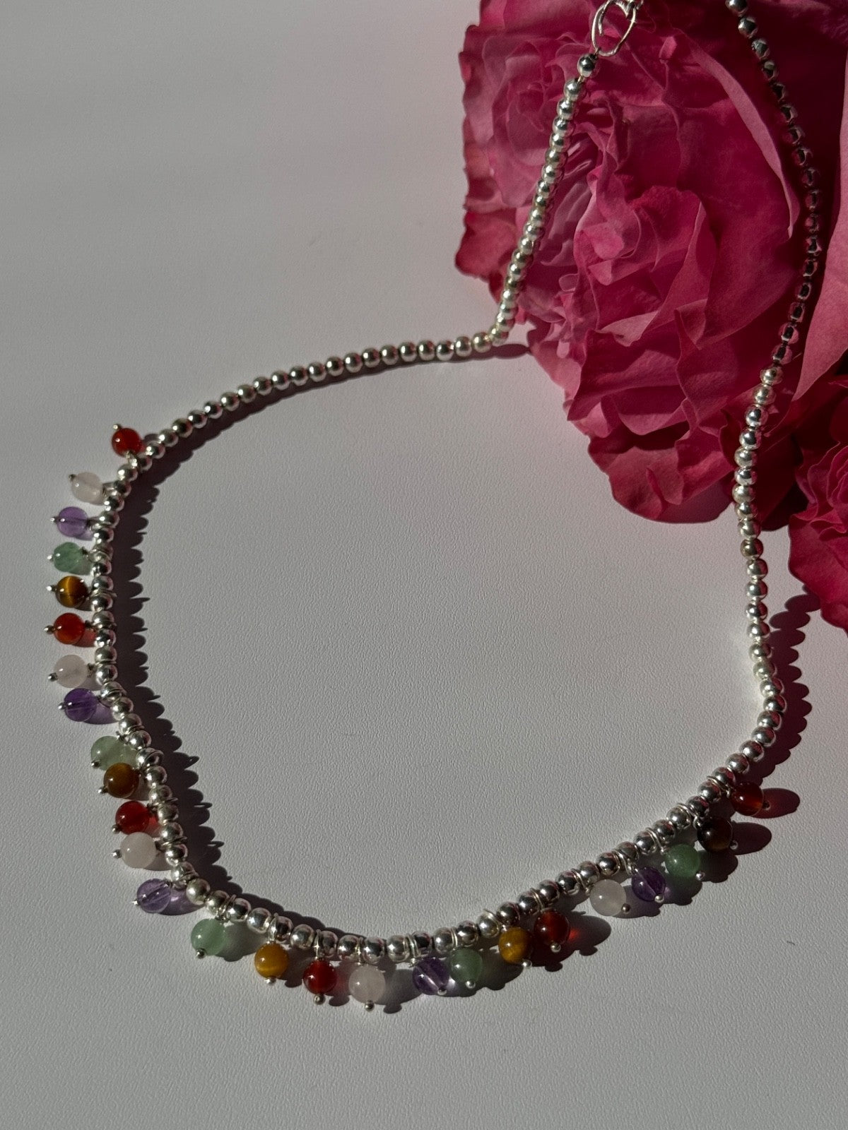 925 Sterling Silver Multi Color Agate Necklace Length 15/18 Inch