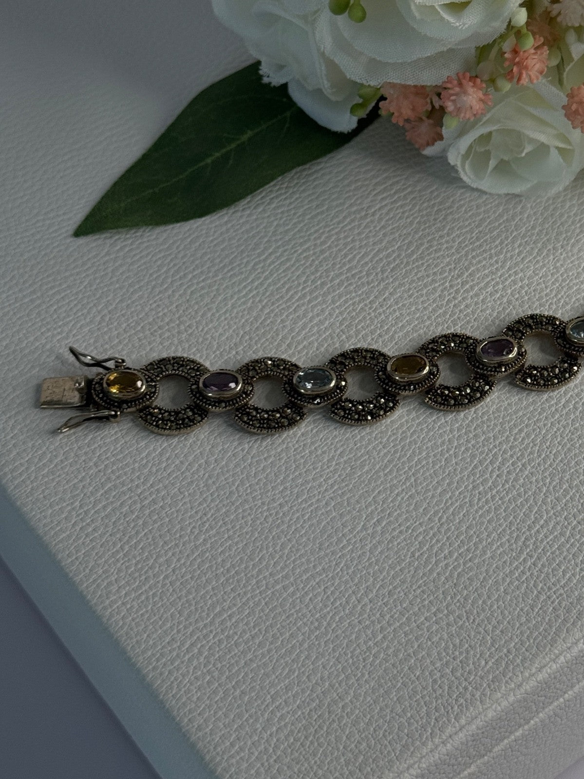 925 Sterling Silver Amethyst Citrine Topaz Marcasite Bracelet Length 7.5 Inch