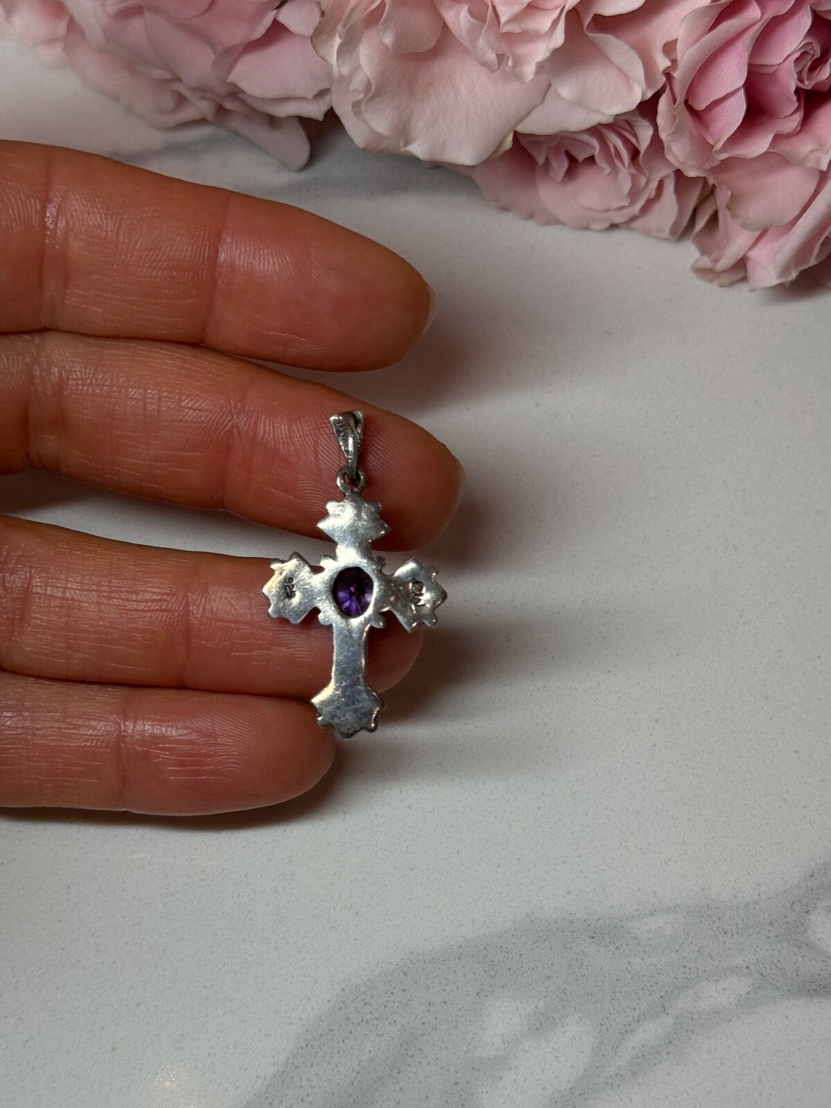 925 Sterling Silver Amethyst & Marcasite Cross Length 1.3 In
