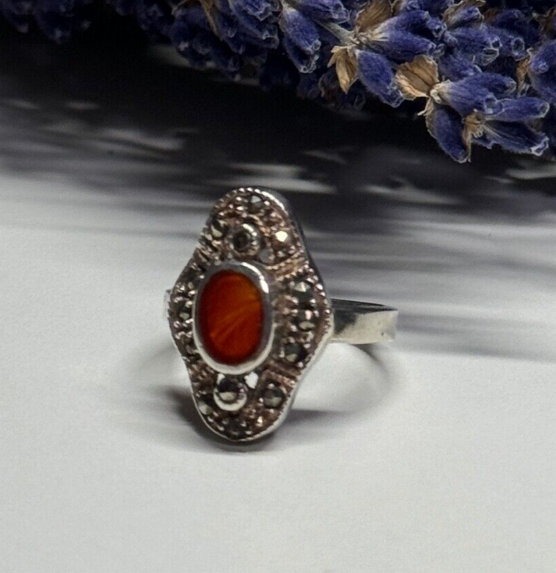 925 Sterling Silver Amber & Marcasite Ring Size 5