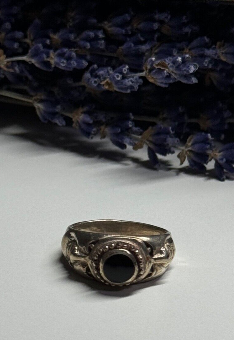Vintage 925 Sterling Silver Black Enamel Face Ring Size 8