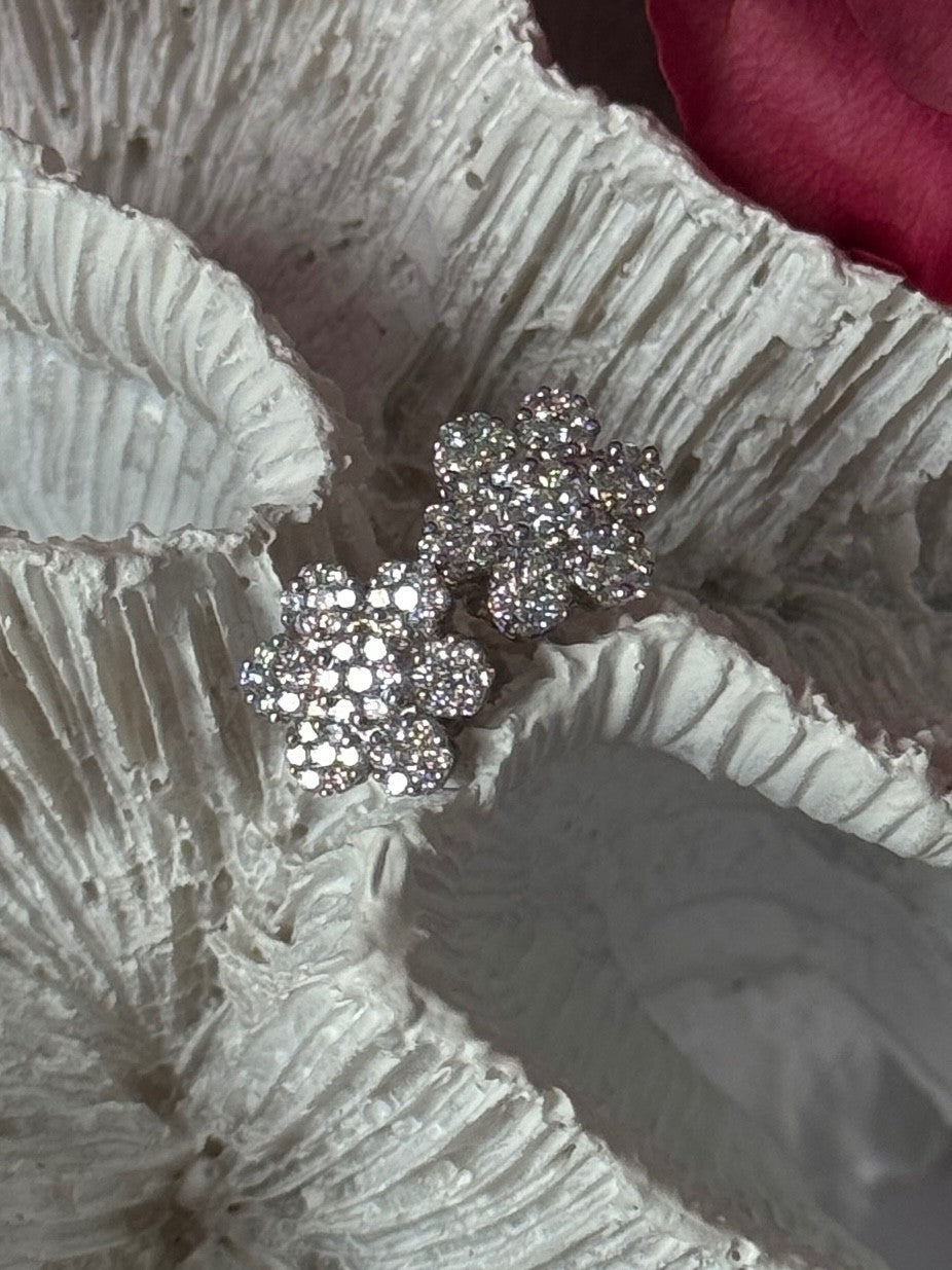 14K White Gold Diamond Flower Earrings