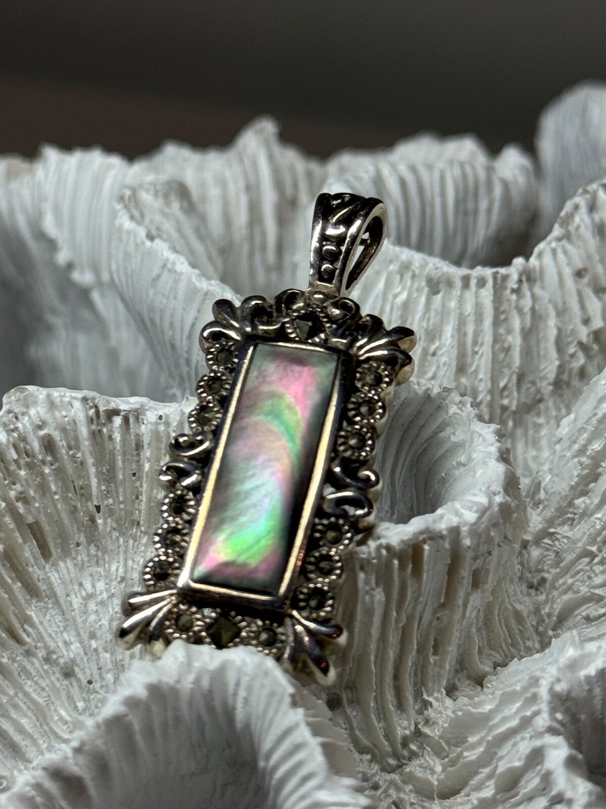 925 Sterling Silver Abalone Pendant Length 1.6 In