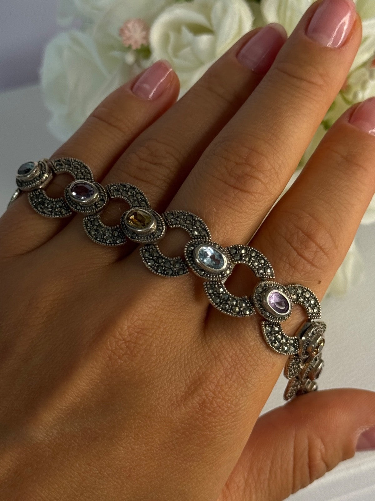 925 Sterling Silver Amethyst Citrine Topaz Marcasite Bracelet Length 7.5 Inch