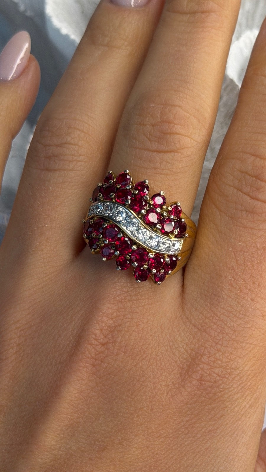 925 Sterling Silver Gold Plated Red & White Spinel Ring Size 9