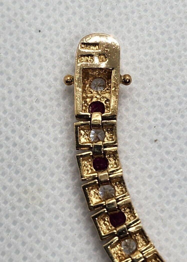925 Sterling Silver Vermeil Ruby AND Quartz Bracelet Size 7.15 IN
