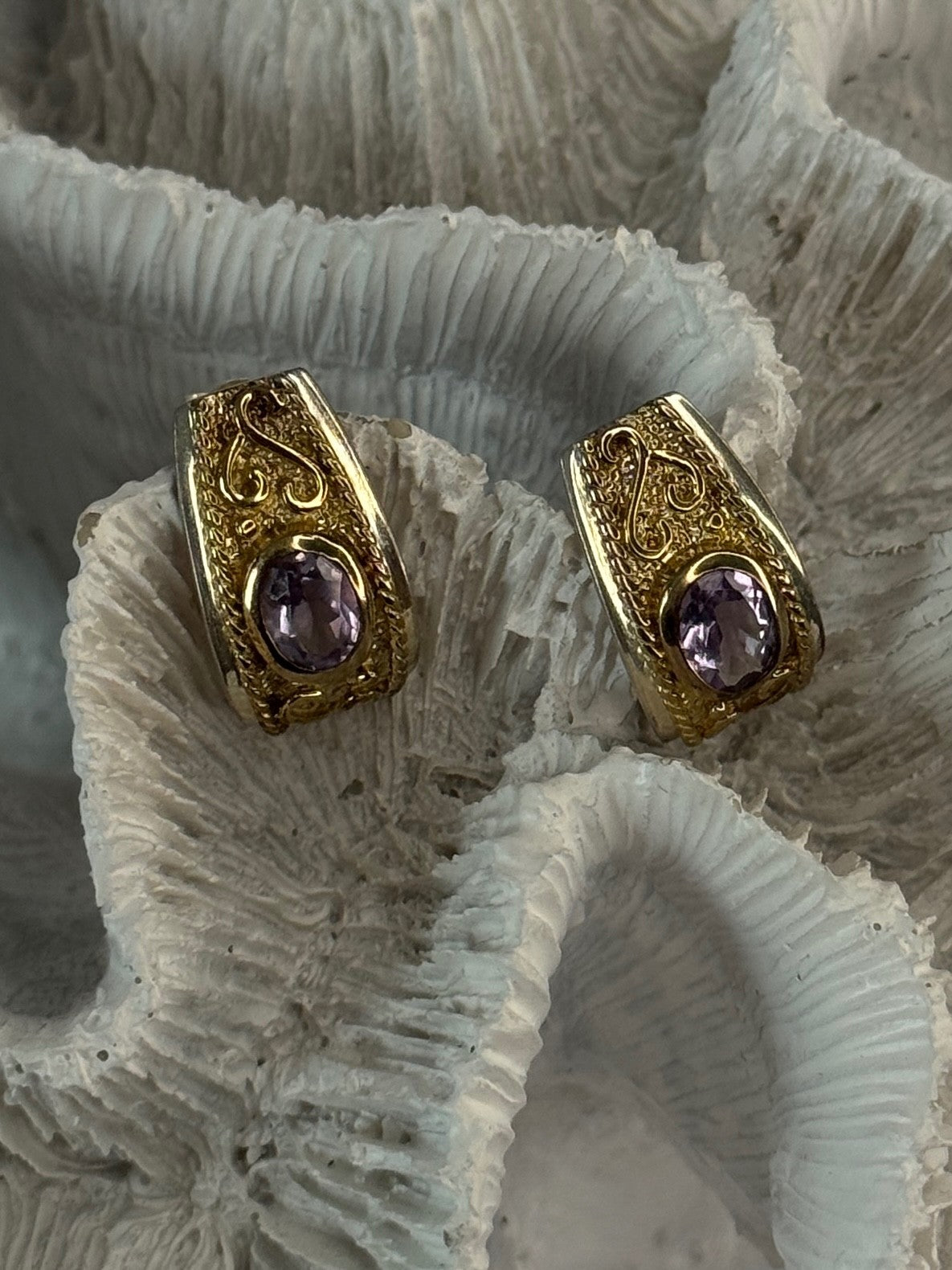 925 Sterling Silver Gold Plated Part Amethyst Earrings Length 0.70 Inch