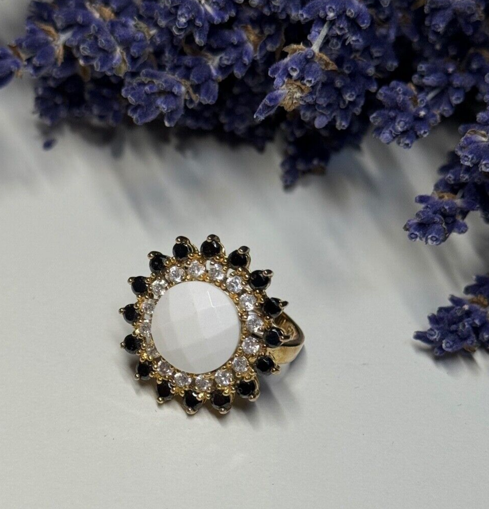 925 Sterling Silver Agate, White & Blue Sapphire Ring Size 7