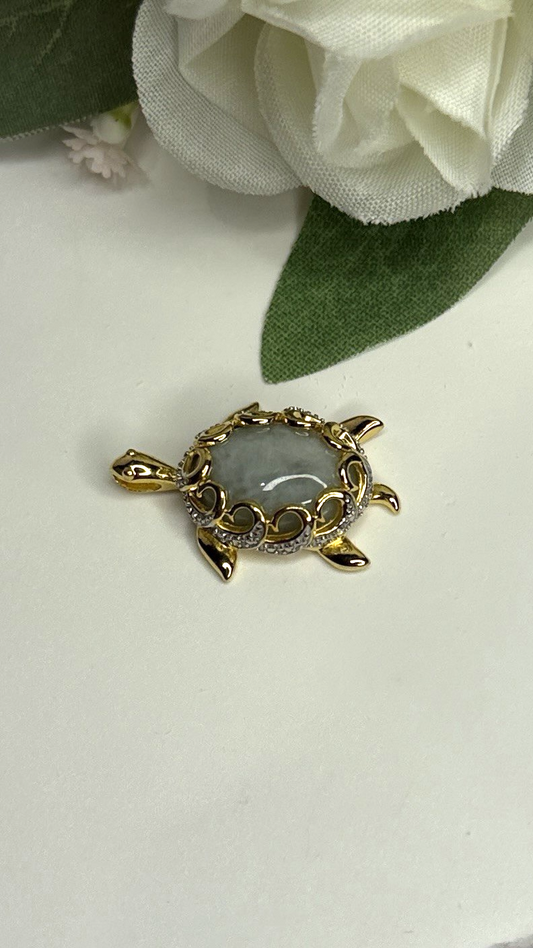 925 Sterling Silver Gold Plated Turtle Green Jade Pendant