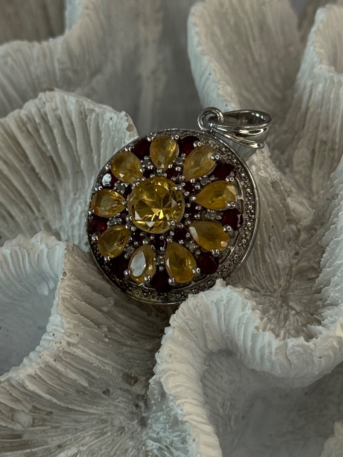 925 Sterling Silver Citrine Garnet Diamond Pendant Length 1.50 Inch