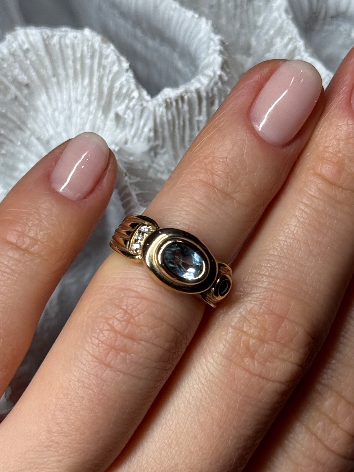 925 Sterling Silver Gold Plated Aquamarine, Garnet & CZ Ring Size 4