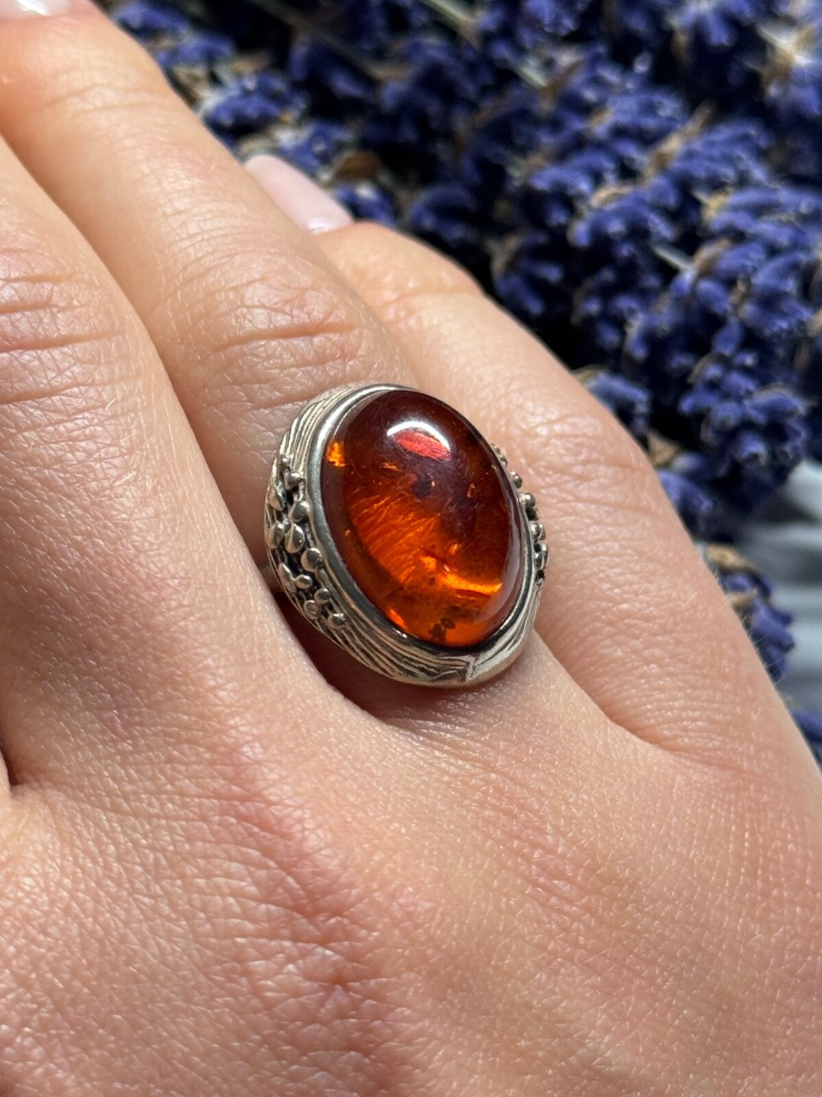 925 Sterling Silver Amber Ring Size 6