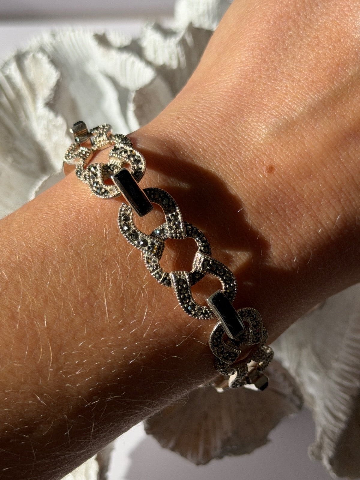 Vintage 925 Sterling Silver Onyx & Marcasite Bracelet