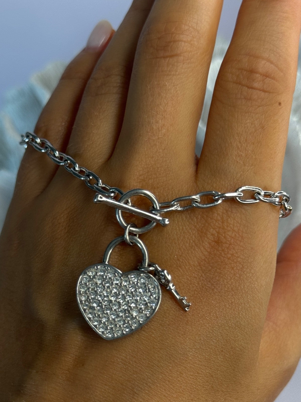 925 Sterling Silver Heart & Key CZ Bracelet Length 7.5