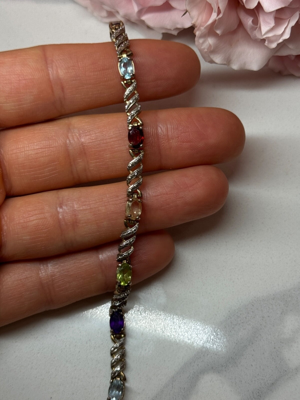 925 Sterling Silver Amethyst Topaz Garnet Citrine Peridot Bracelet Length 7.5