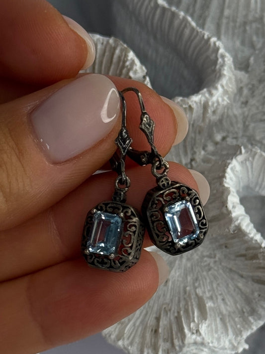 Vintage 925 Sterling Silver Blue Topaz Earrings Length 1.30 Inch