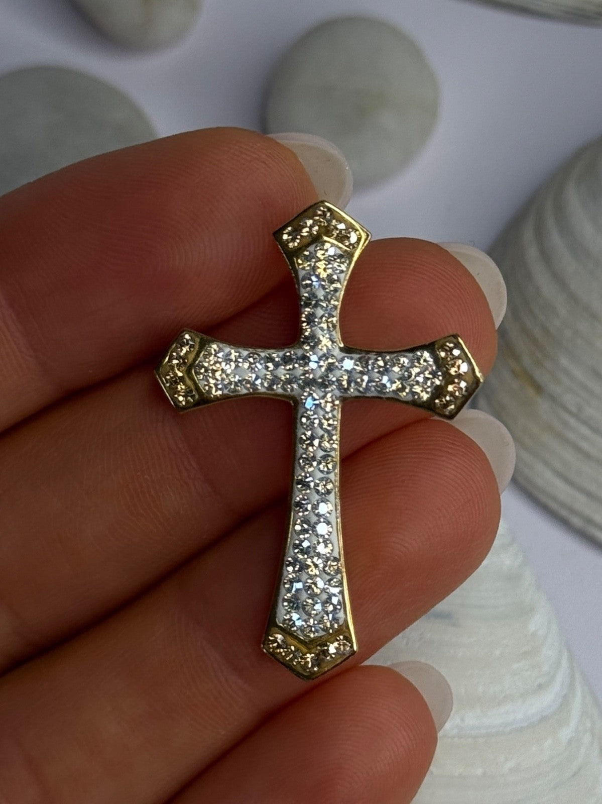 925 Sterling Silver Gold Plated Cz Cross Pendant Length 1.45 Inch