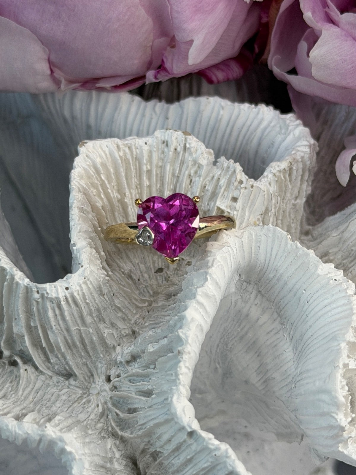 GTR 10K Yellow Gold Pink Sapphire Heart & Diamond Ring Size 7