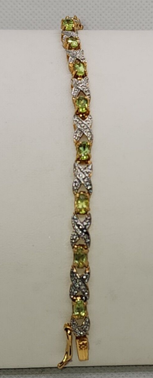 925 Sterling Silver Vermeil Peridot AND Diamonds Bracelet Size 7 IN