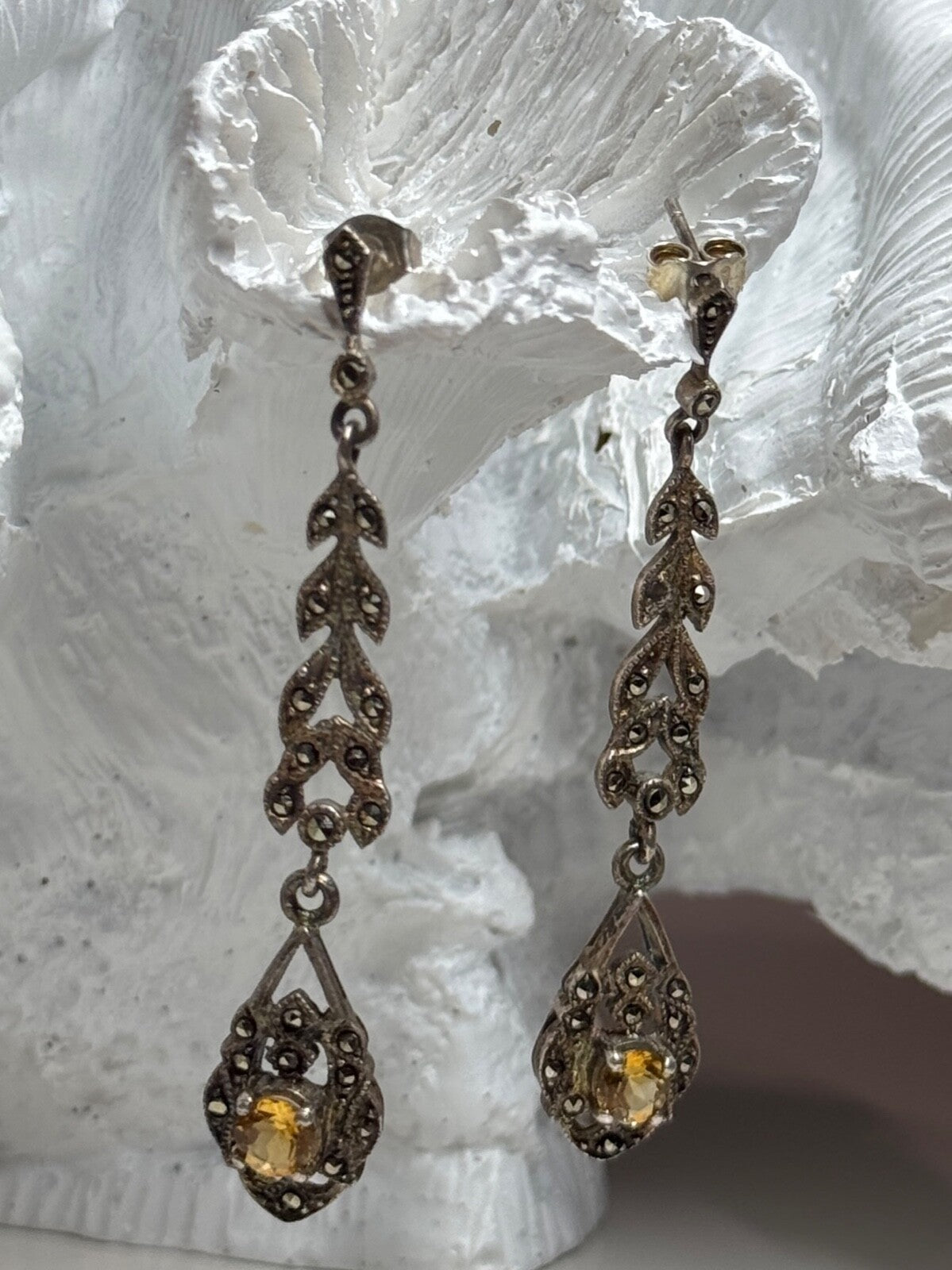925 Sterling Silver Citrine & Marcasite Earrings Length 2.2 Inch