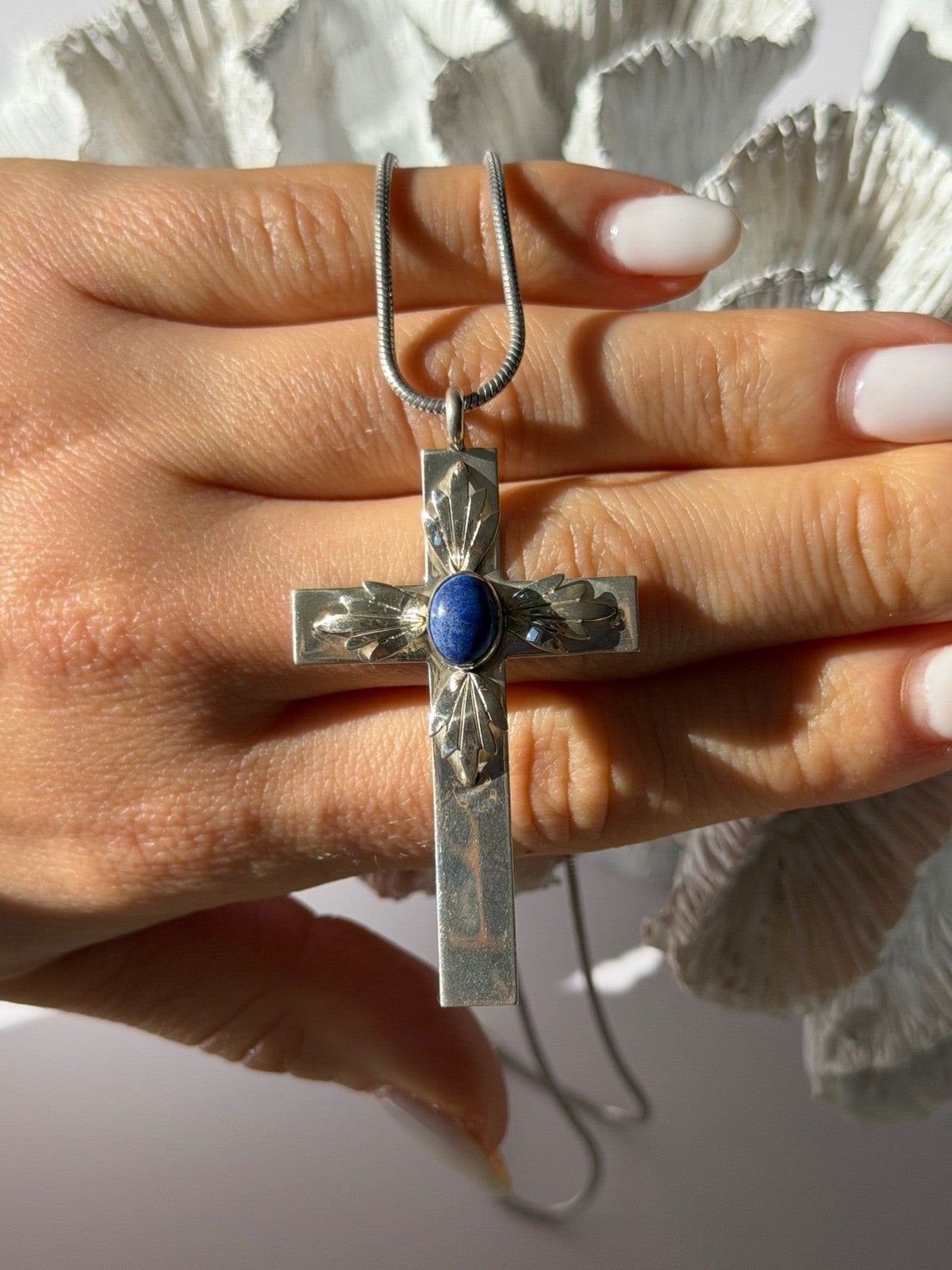 Vintage 925 Sterling Silver Sodalite Cross Necklace Length 18 in