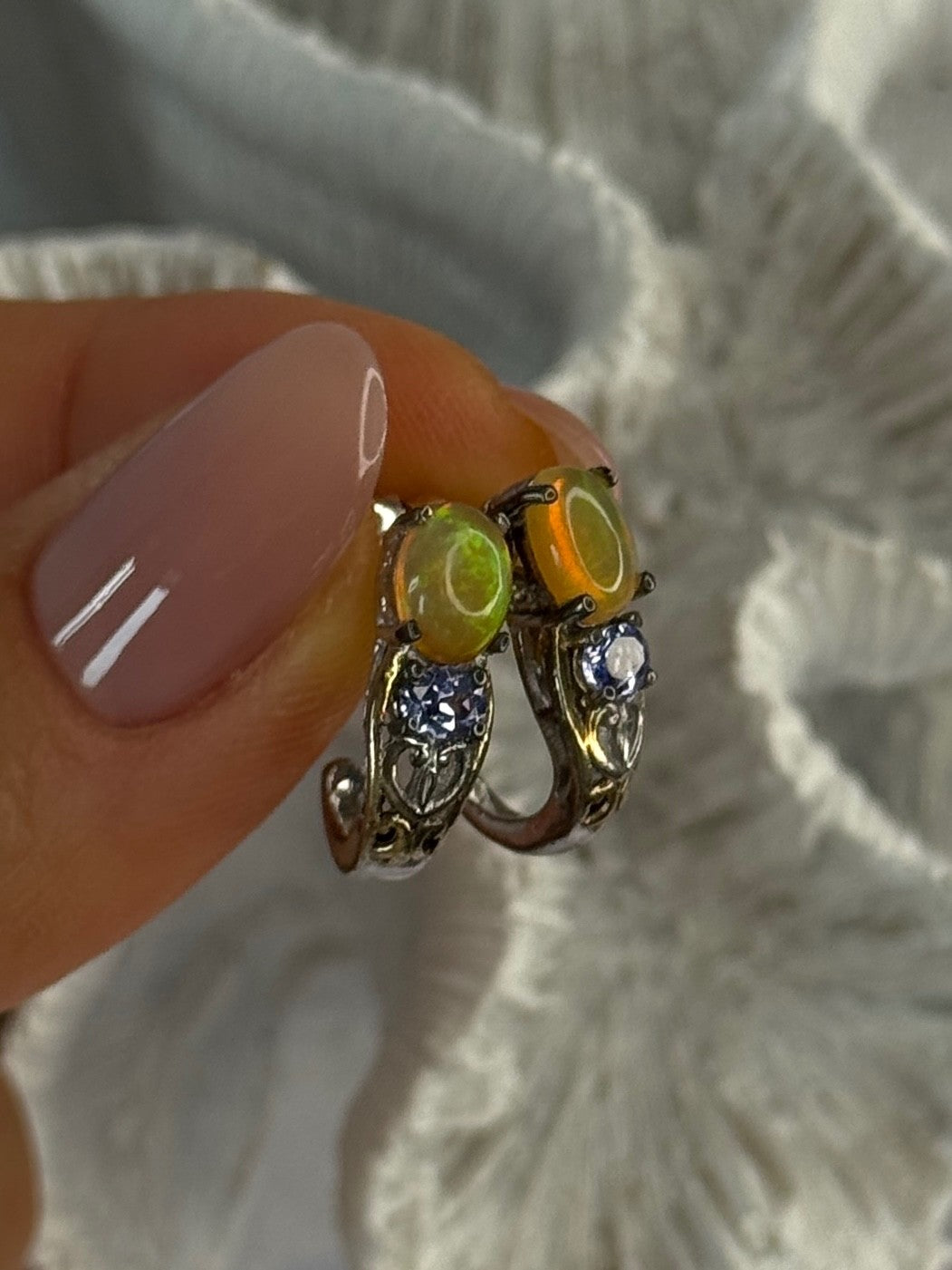 925 Sterling Silver Yellow Opal & Tanzanite Earrings Length 0.70 Inch