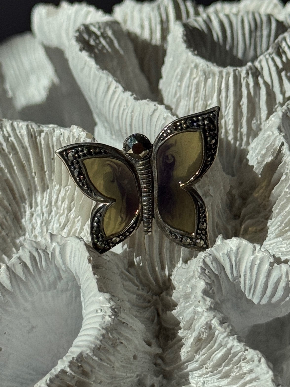 925 Sterling Silver Enamel Marcasite Butterfly Pendant