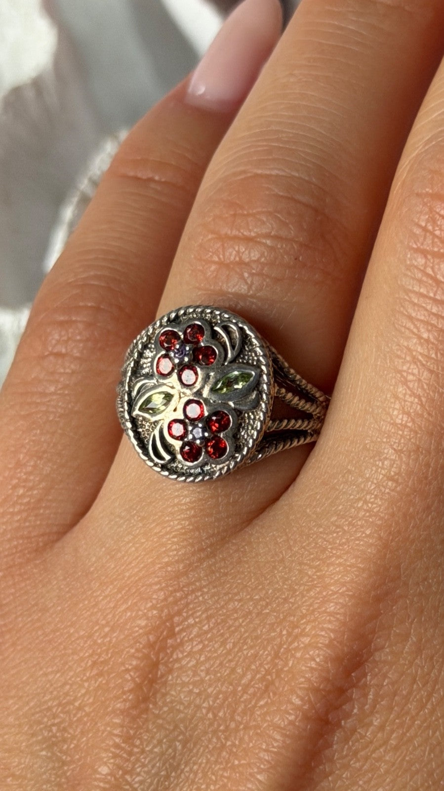 925 Sterling Silver Garnet Amethyst Peridot Ring Size 7