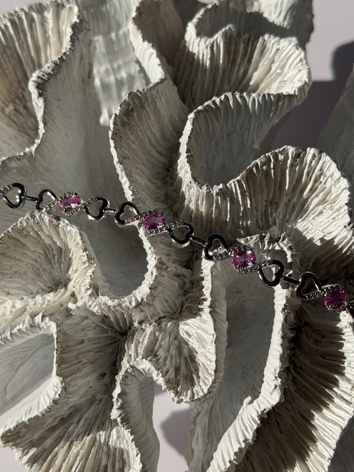 925 Sterling Silver Pink & White Spinel Heart Bracelet