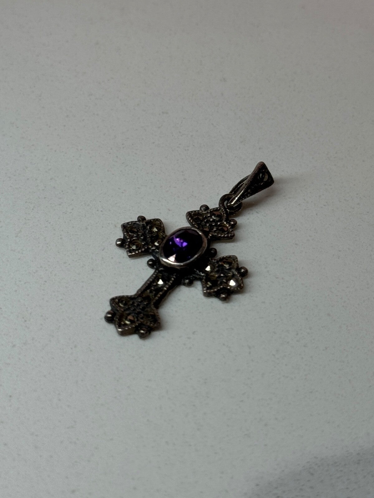 925 Sterling Silver Amethyst & Marcasite Cross Length 1.3 In