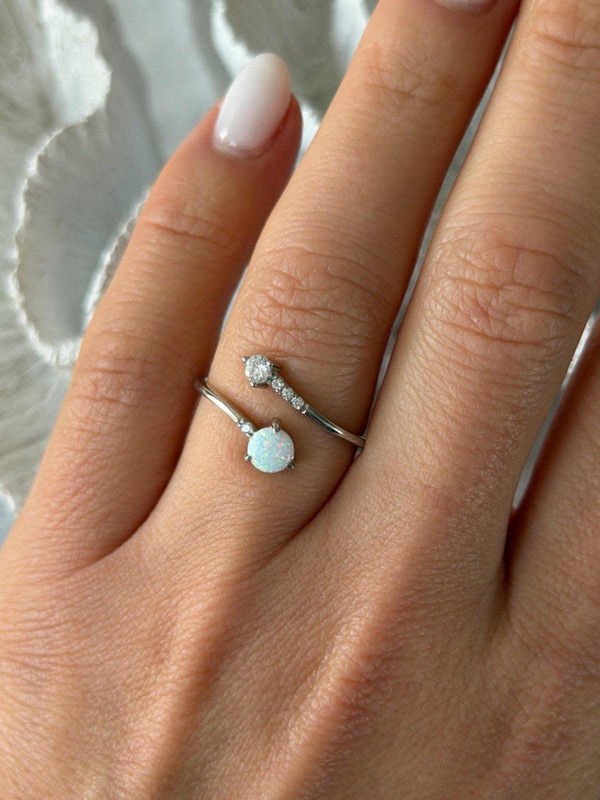 Adjustable 925 Sterling Silver Opal & Beryl Ring
