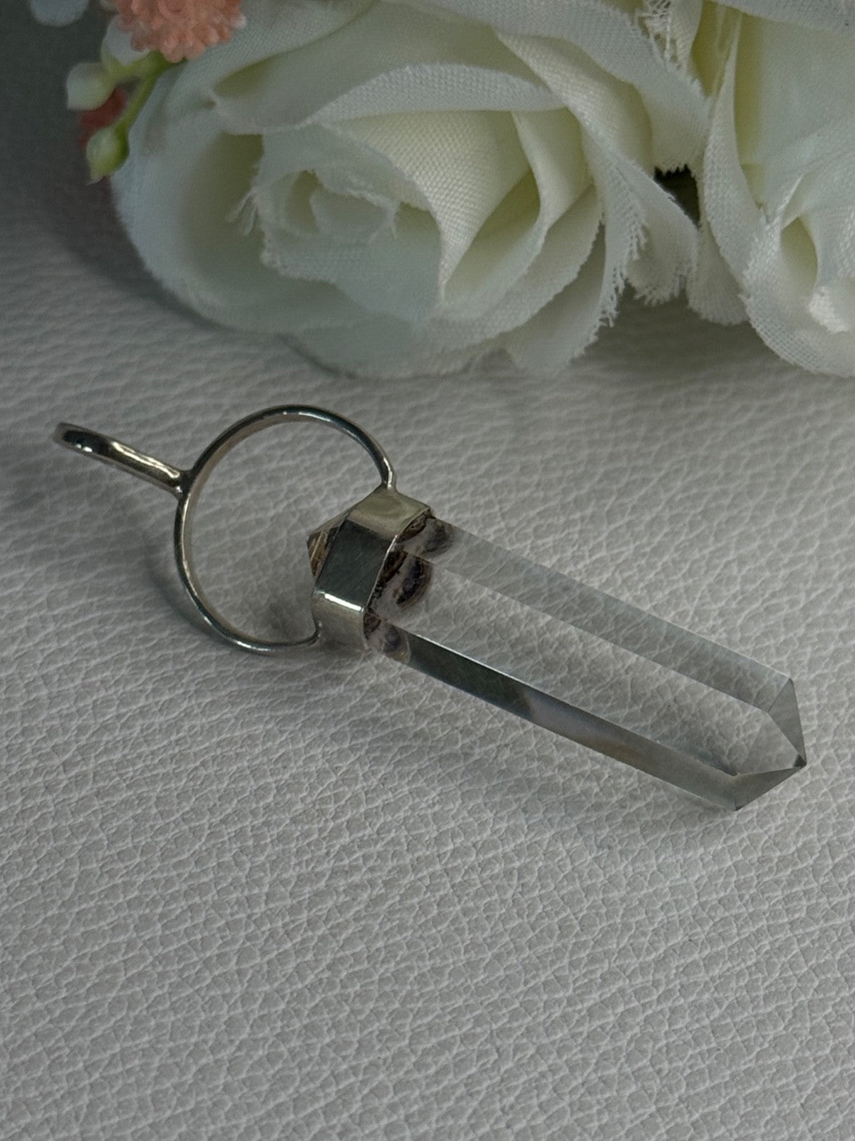 925 Sterling Silver Clear Quartz & Amethyst Pendant Length 2 Inch