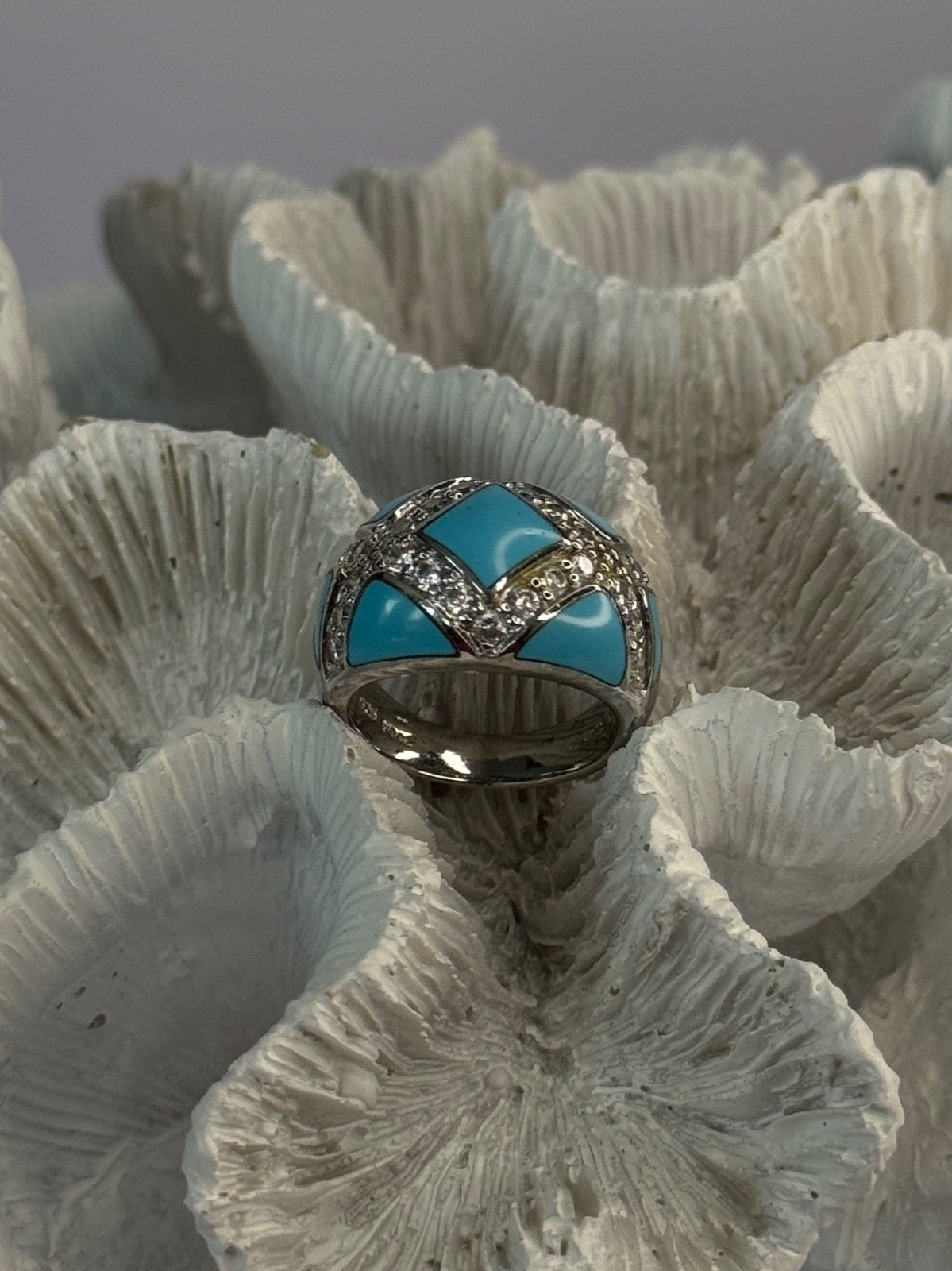 925 Sterling Silver Turquoise & CZ Ring Size 6