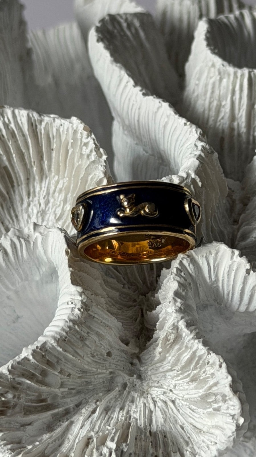 925 Sterling Silver Gold Plated Blue Enamel Cats Ring Size 6