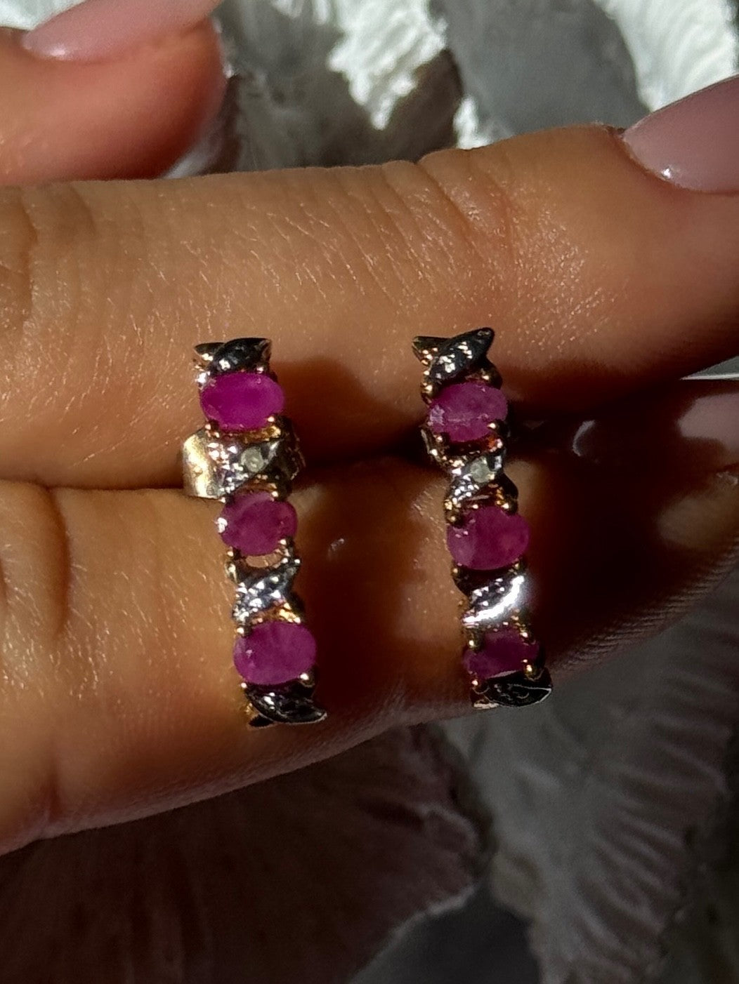 925 Sterling Silver Gold Plated Ruby & Diamond Earrings Length 0.77 Inch