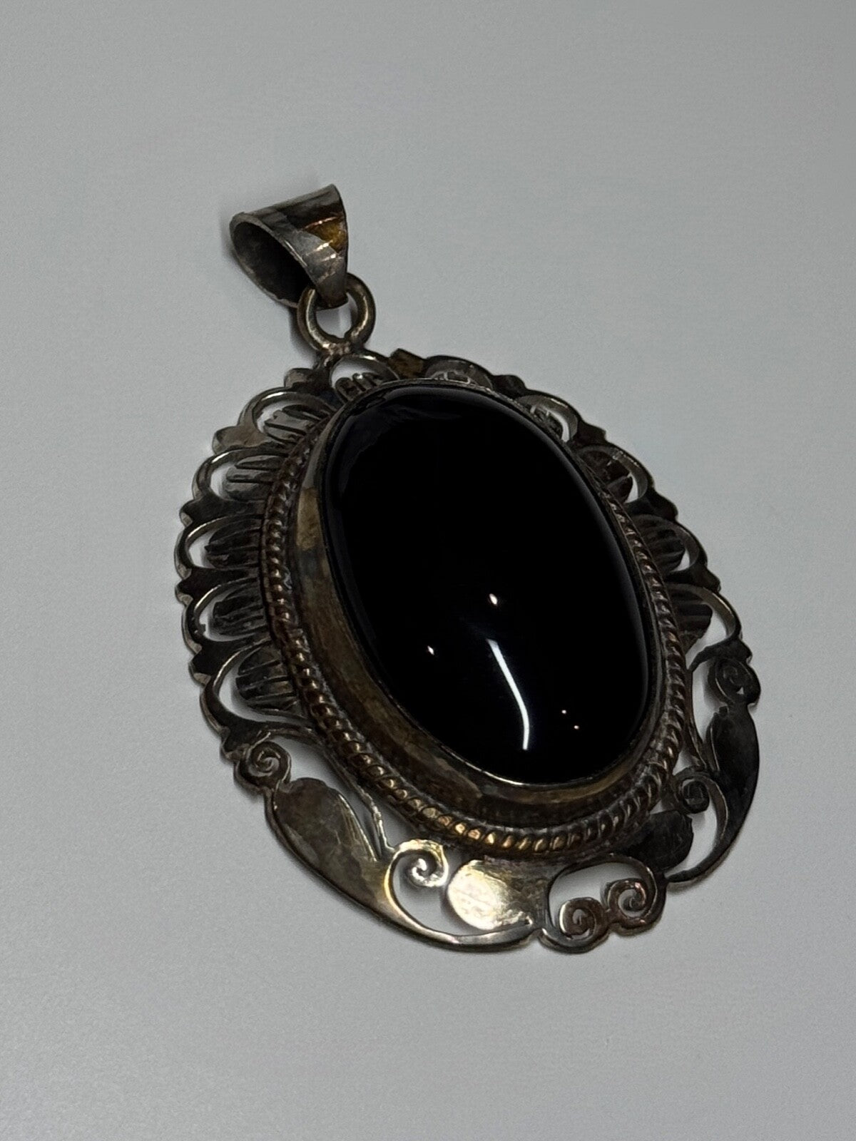 Vintage 925 Sterling Silver Black Onyx Pendant Length 2 Inch