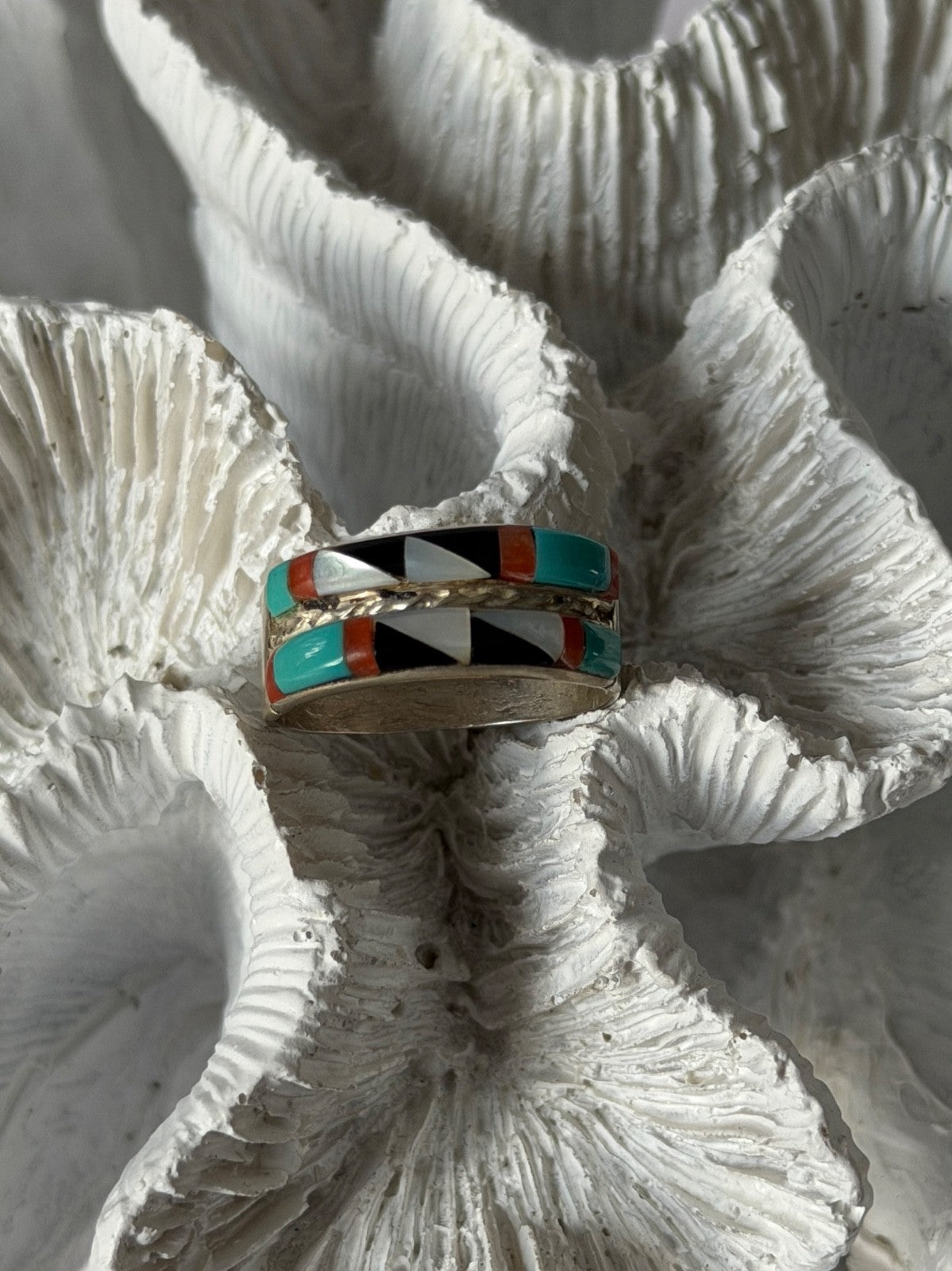 Zuni 925 Sterling Silver Multi-Stone Ring Size 8