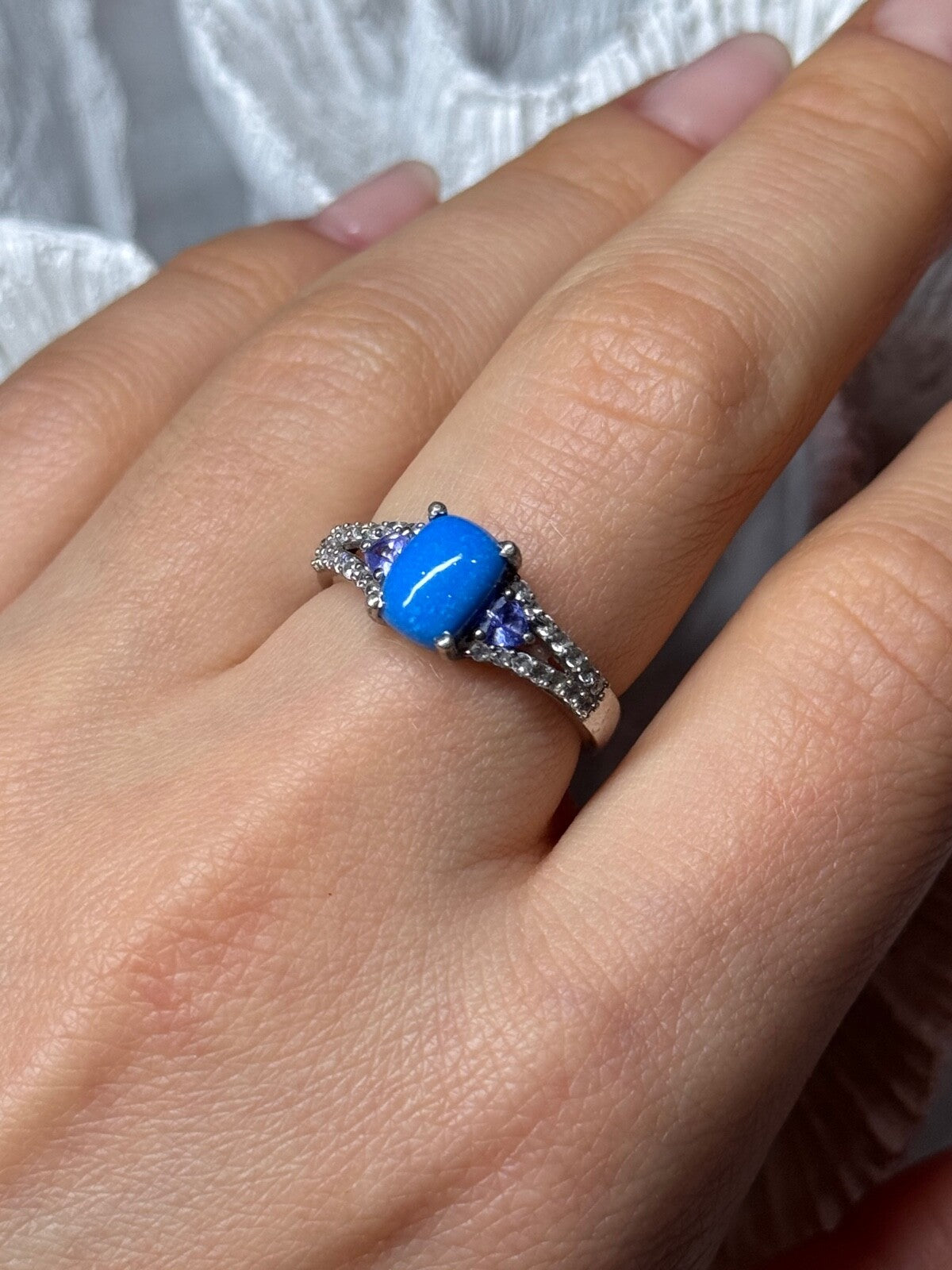 925 Sterling Silver Blue Agate, Tanzanite & Beryl Ring Size 7.5