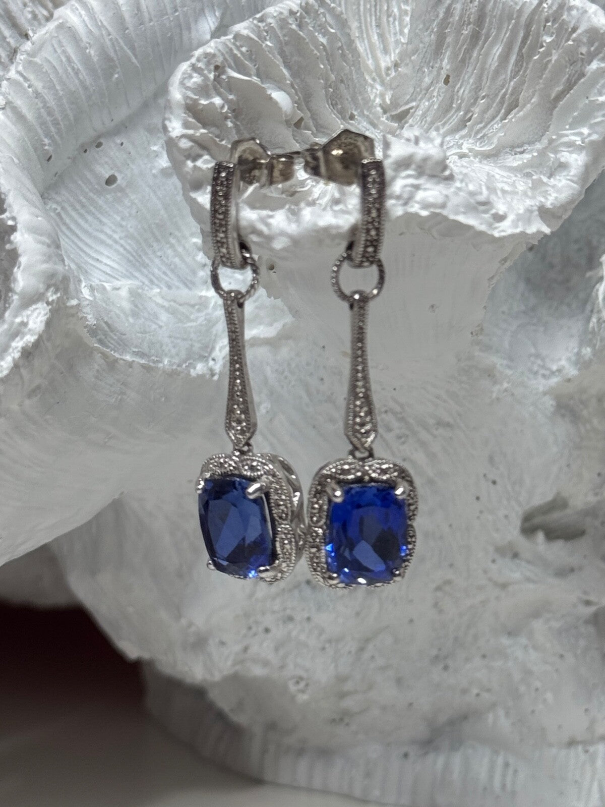 925 Sterling Silver Sapphire Earrings Length 1.5 Inch