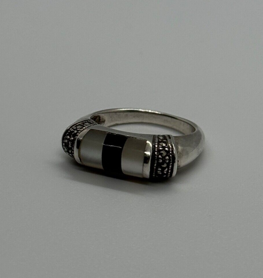 925 Sterling Silver Abalone, Enamel & Marcasite Ring Size 7