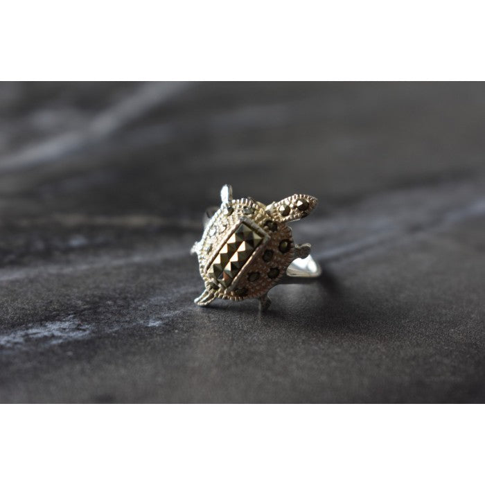 925 Sterling Silver Marcasites "Turtle" Ring Size 6.5