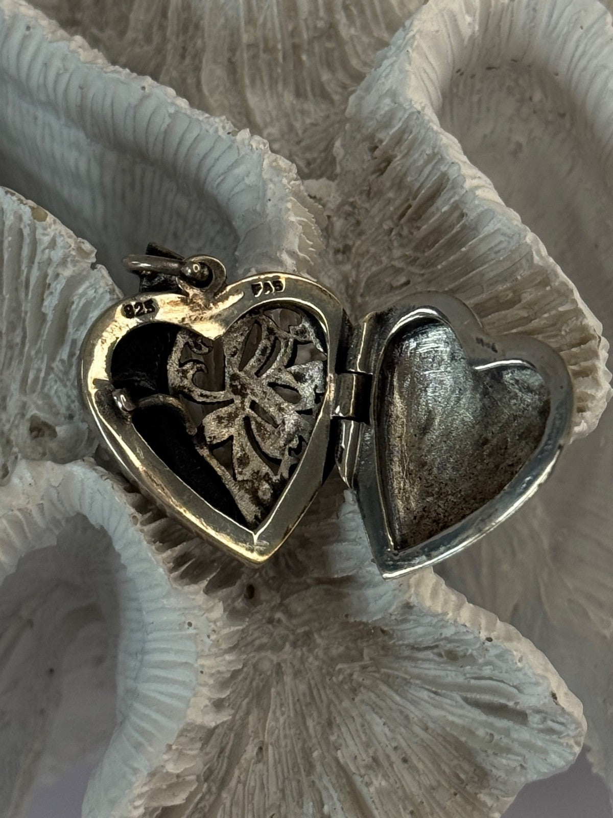Vintage 925 Sterling Silver Onyx & Marcasite Heart Locket Pendant