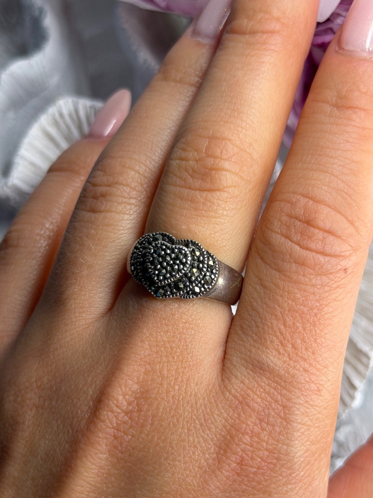Vintage 925 Sterling Silver Marcasite Heart Ring Size 8