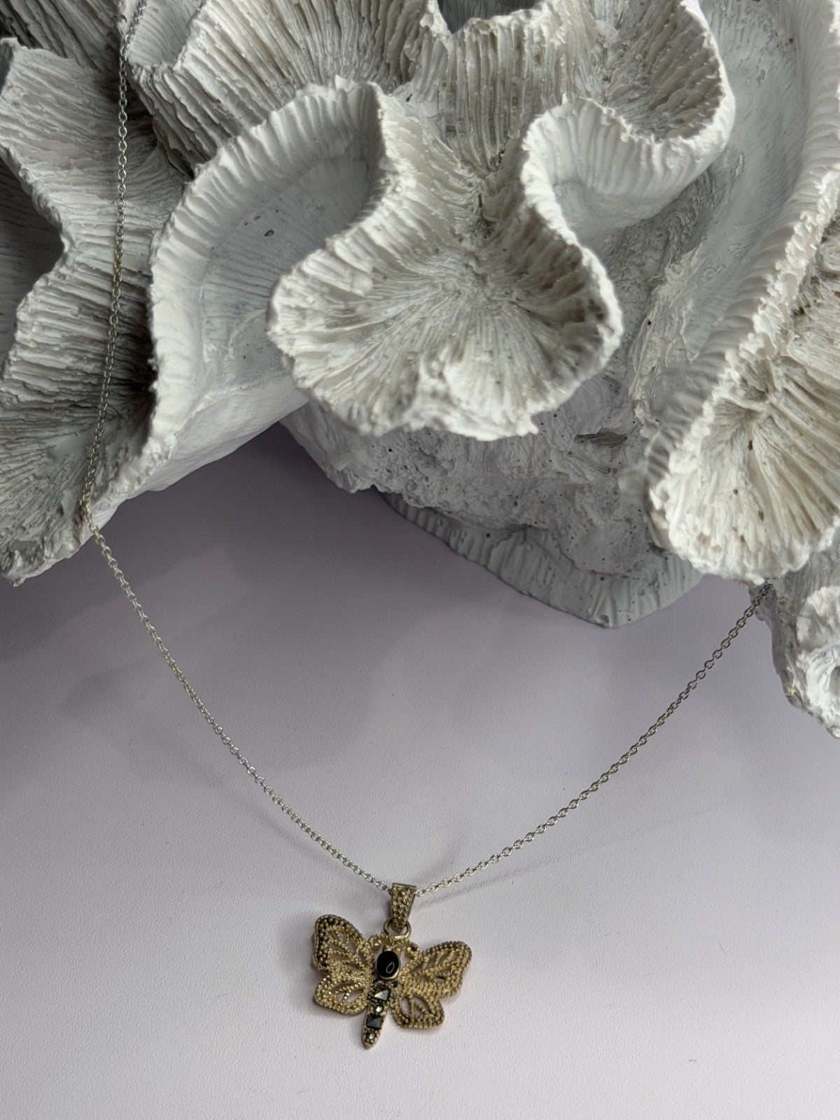 925 Sterling Silver Onyx & Marcasite Butterfly Necklace