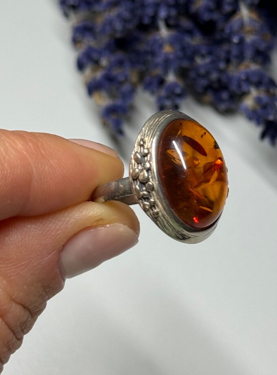 925 Sterling Silver Amber Ring Size 6