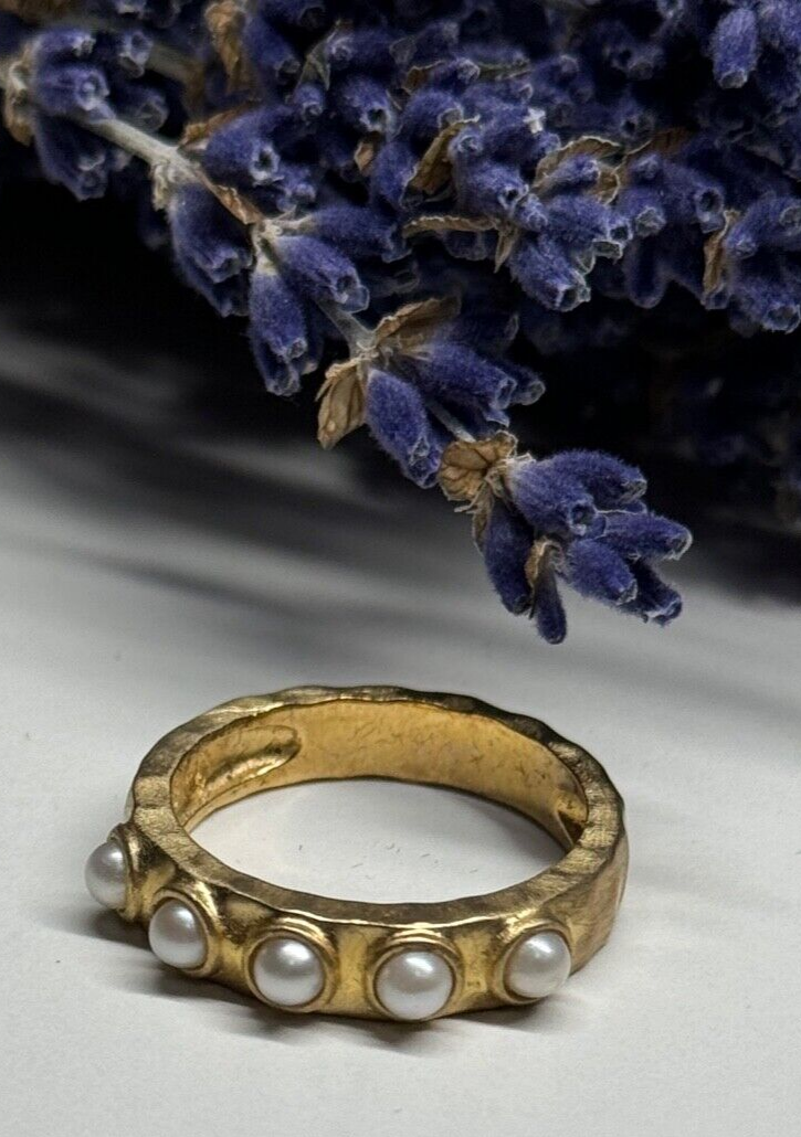 925 Sterling Silver Gold Plated Pearl Ring Size 6.5