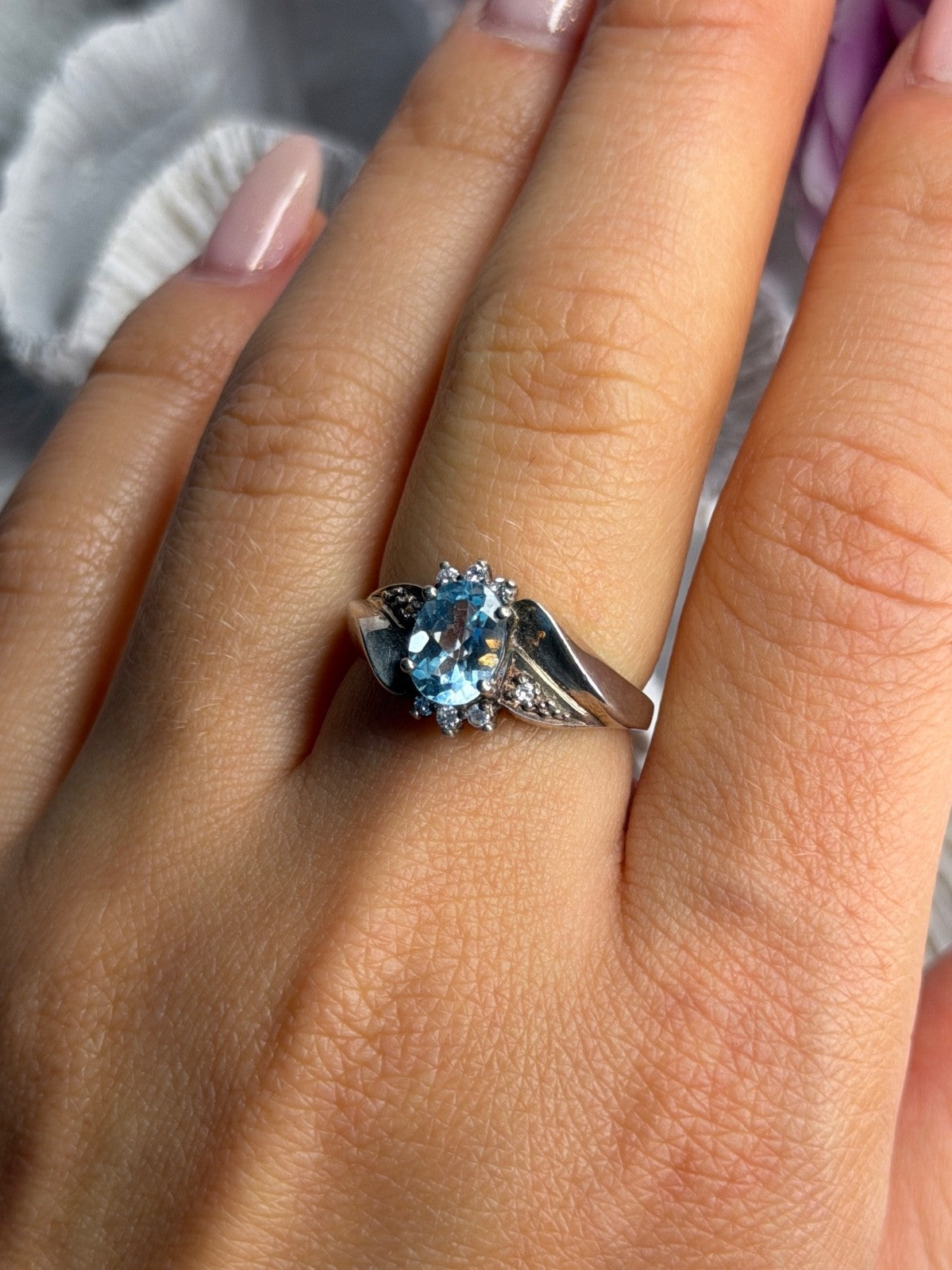 925 Sterling Silver Blue Topaz & Beryl Ring Size 8
