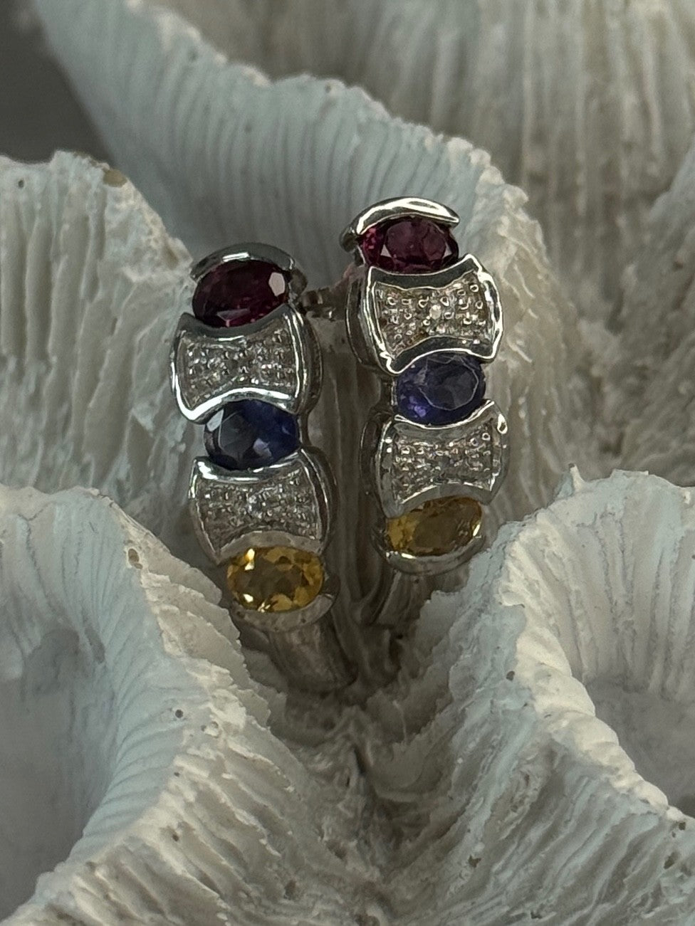 925 Sterling Silver Ruby Tanzanite Citrine Diamond Earrings Length 0.90 Inch